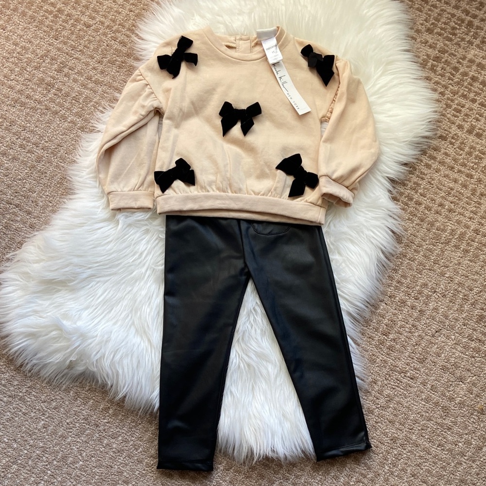 NWT Girls Bow-Accent‎ Cream Top and Faux Leather Pants Set - Size 3T